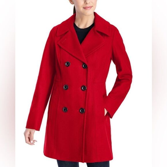 Anne Klein Womens Double-Breasted Peacoat Wool Blend Lychee Red Small NWT - Picture 1 of 9